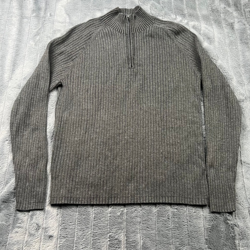 DKNY Jeans Mens XL Gray Ribbed 100% Cotton Quarter Zip Mock Neck Sweater